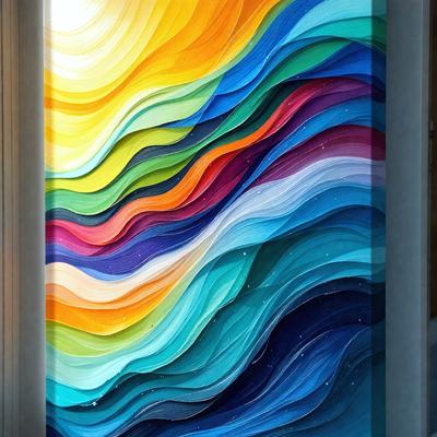 The primary subject of the image is a large, colorful painting of a wave. The painting is displayed on a wall, and it features a variety of colors, including blue, yellow, orange, and pink. The setting is indoors, likely in a gallery or a private collection. The visual style of the painting is a mix of digital art and traditional painting techniques, creating a unique and vibrant piece of art. The overall atmosphere of the painting is energetic and dynamic, capturing the essence of the ocean's waves.